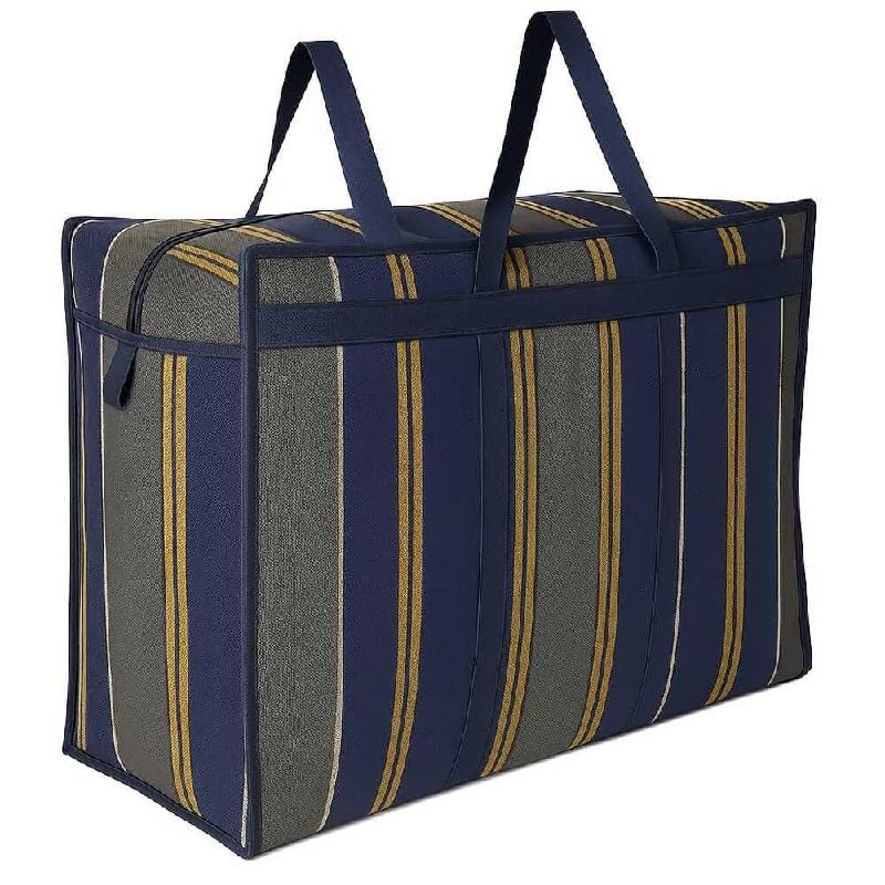Heavy Duty Canvas Duffel Bag, Medium Size, Striped Pattern Navy Blue Grey Yellow, 20x18x12 Inches, with Strong Handles and Zip Cover, Multipurpose Storage Organizer-image-12