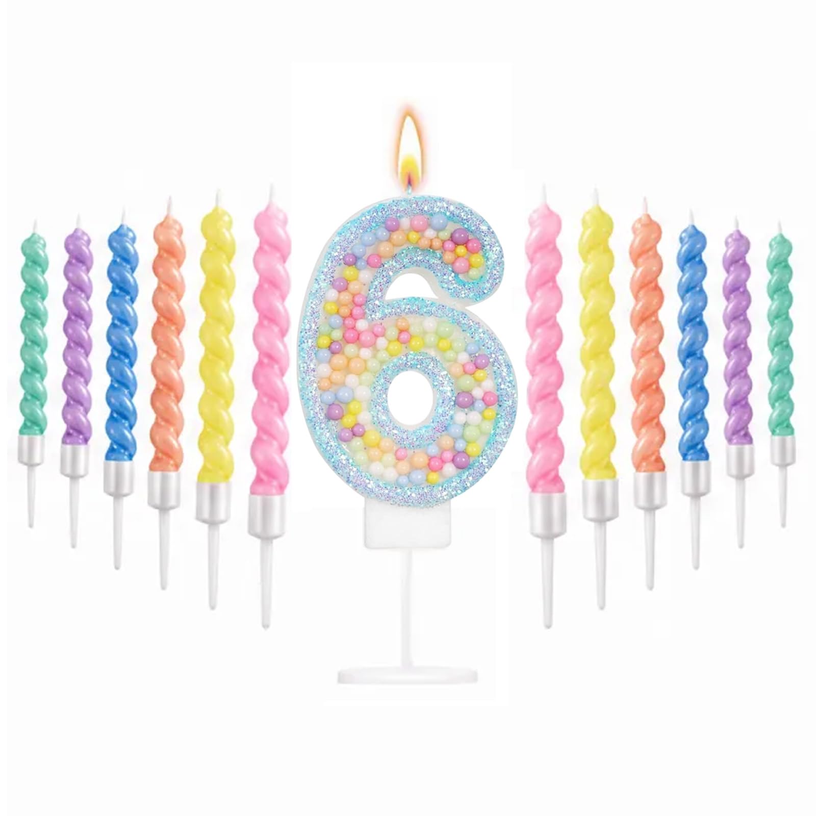 Blue Macaron 6th Birthday Candles Set, Number 6 Birthday Candle with 12pcs Spiral Candles for Girls Boy 6th Birthday Decorations, Rainbow Cake Topper for Party Decoration, Baby Showers Supplies