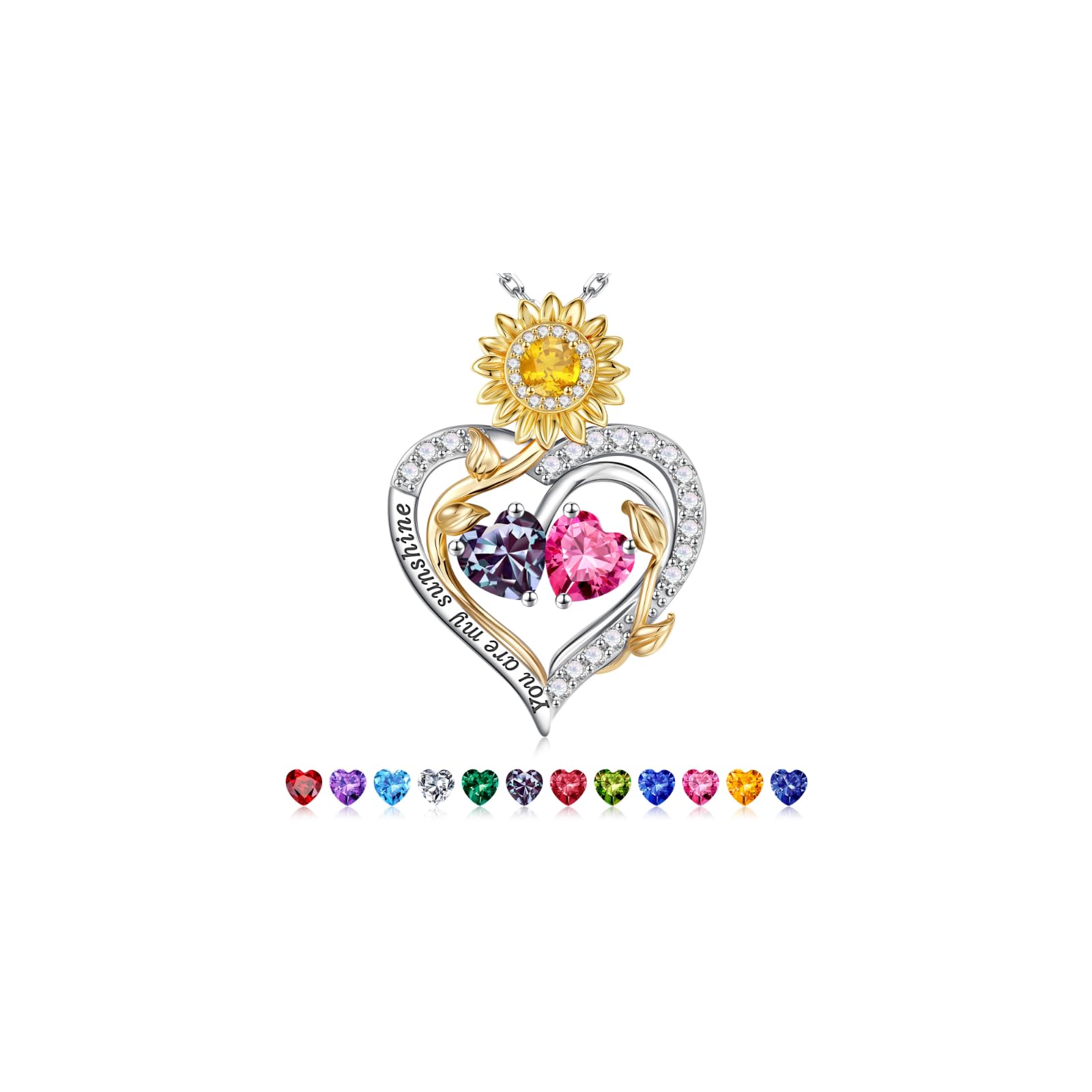 Iefil Sunflower Necklace for Women - 925 Sterling Silver Sunflower Double Birthstone Necklace for Women, Anniversary Birthday Gifts for Wife Mom