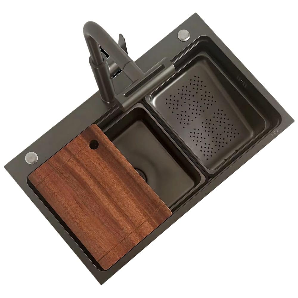 Milano Kitchen Sink Complete Set With Faucet, Drainer, Chopping Board & More - Matt Grey Finish| Under Mount Kitchen Sink | Stainless Steel Kitchen Wash Basin Combo Set - (76x46.5x2.3) cm