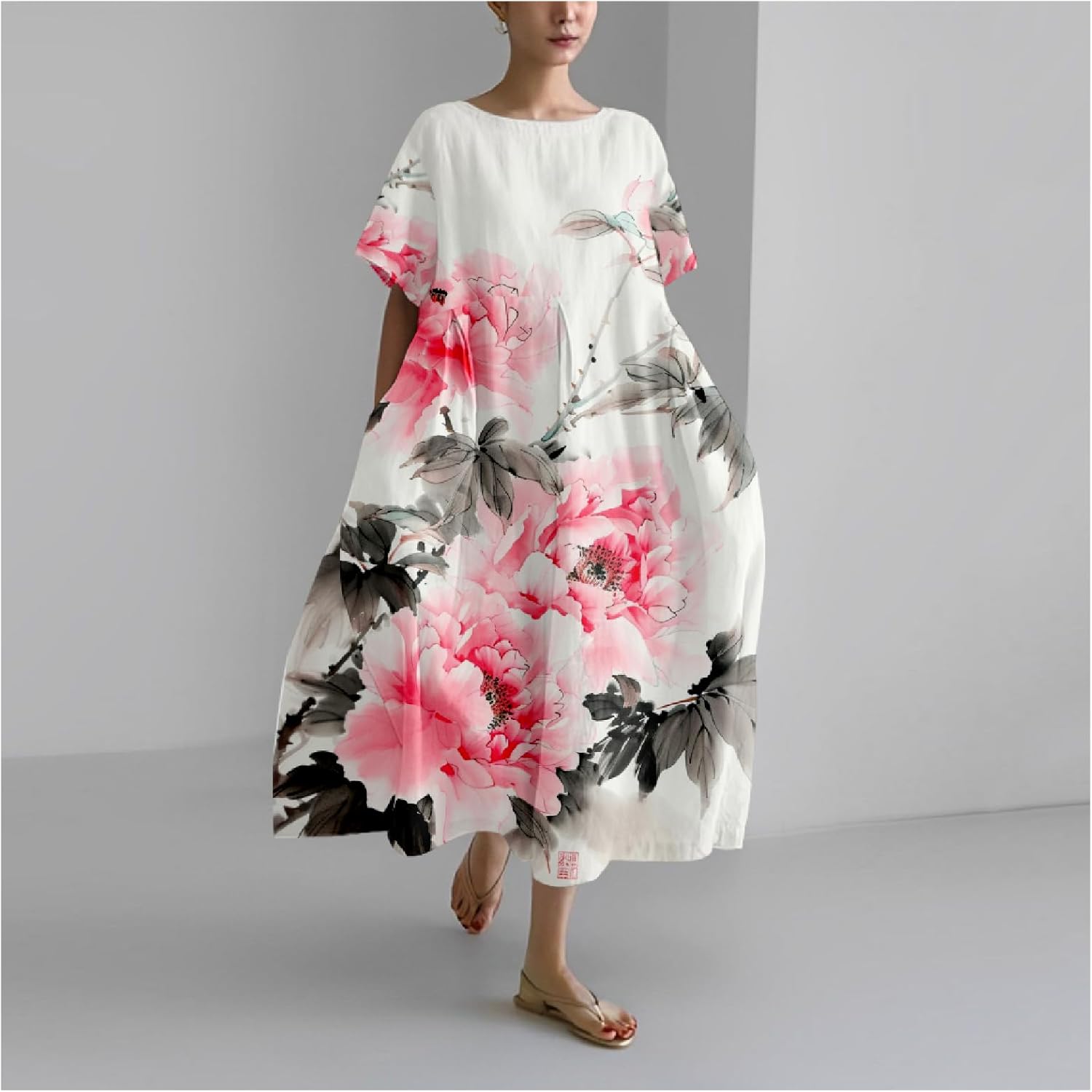 Maxi Dresses for Women 2024 Japanese Art Floral Print Crew Neck Short Sleeve Casual Boho Oversized Dress - Image 2