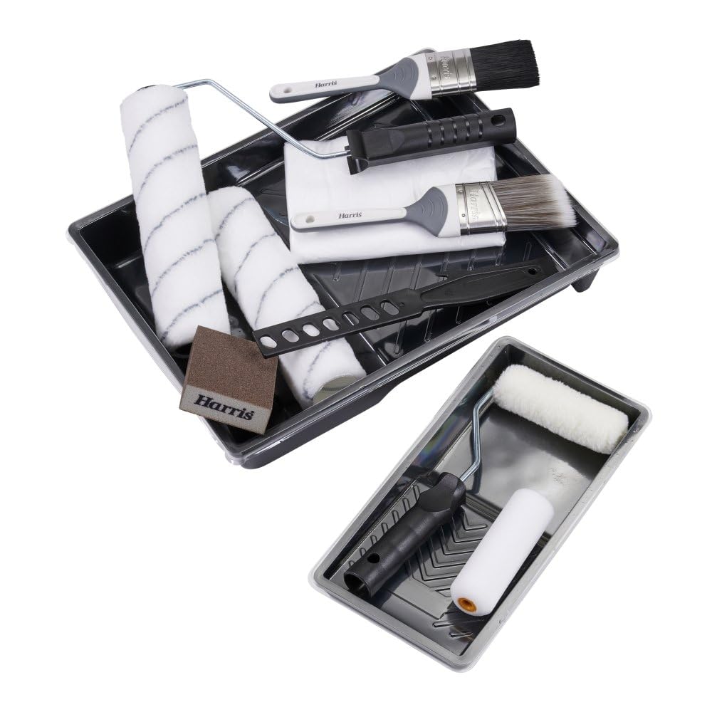 HARRIS DECORATING KIT PAINT BRUSHES ROLLER TRAY SANDING BLOCK DUST SHEET- 15 PCS