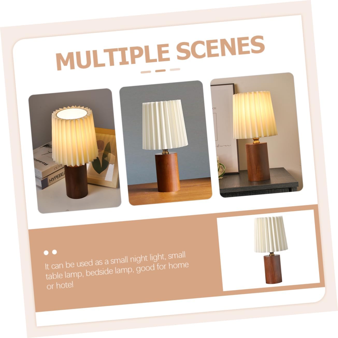 Operitacx Pleated Desk Lamp Wood Base Aesthetic Nightstand Light for Bedrooms USB Rechargeable Compact Design Warm Glow for Home and Dorm Use Decorative Accent