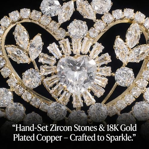 Gold Quinceanera Crown Heart Shaped Zirconia Diamond Princess Pageant Queen Wedding Tiara for Bride Bridal Hair Accessories by QXMYOO - Image 5
