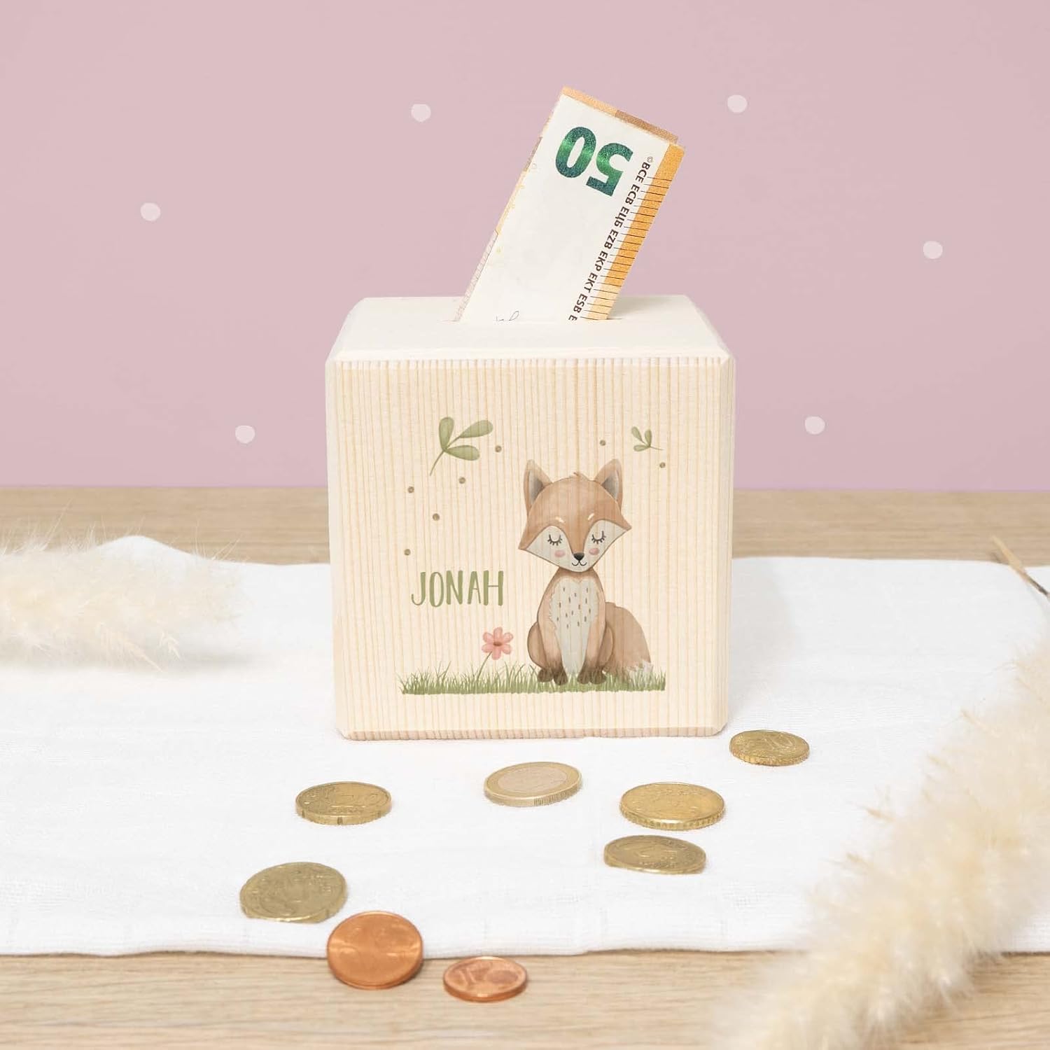 KIDSMOOD Personalisierte Spardose Aus Holz 10x10cm - Mit Schlüssel Für Kinder