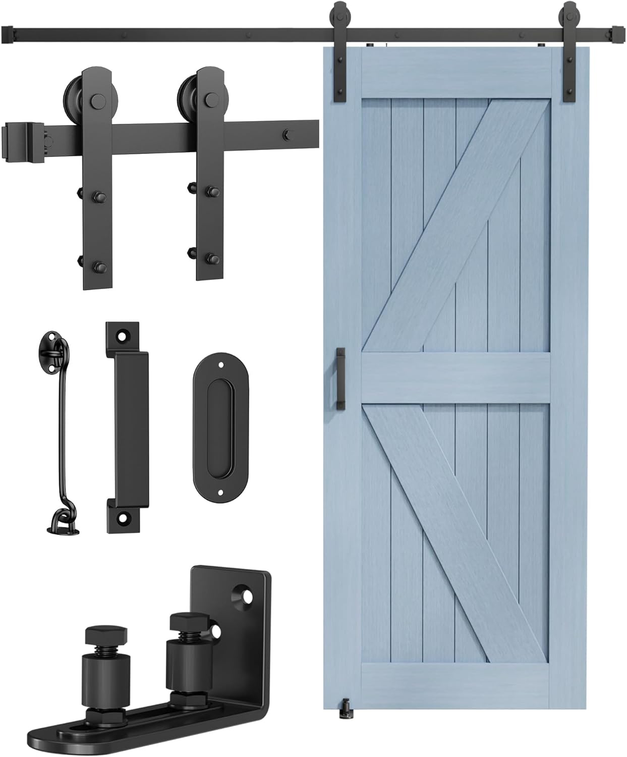 Barn Door Hardware Kit -6.6FT Sliding Door Hardware with Adjustable Floor Guide, 2 Handles and Latch -Fit 36''-40'' Wide Panel, I Shape Hanger, Black