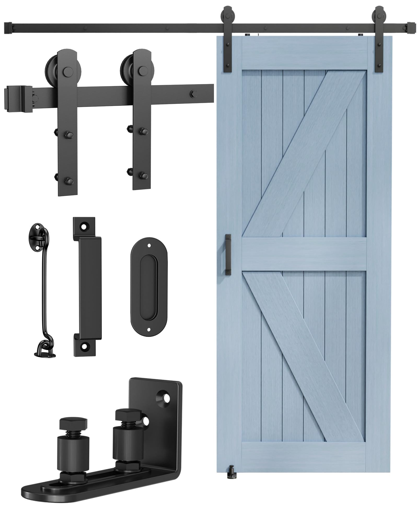 Barn Door Hardware Kit -6.6FT Sliding Door Hardware with Adjustable Floor Guide, 2 Handles and Latch -Fit 36''-40'' Wide Panel, I Shape Hanger, Black