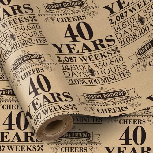 RUSPEPA Birthday Wrapping Paper Roll Mini Roll Black 40 Years Design Kraft Gift Wrap Paper Great for Birthday Party 43.2cm x 5m 40th Birthday Gifts for Men