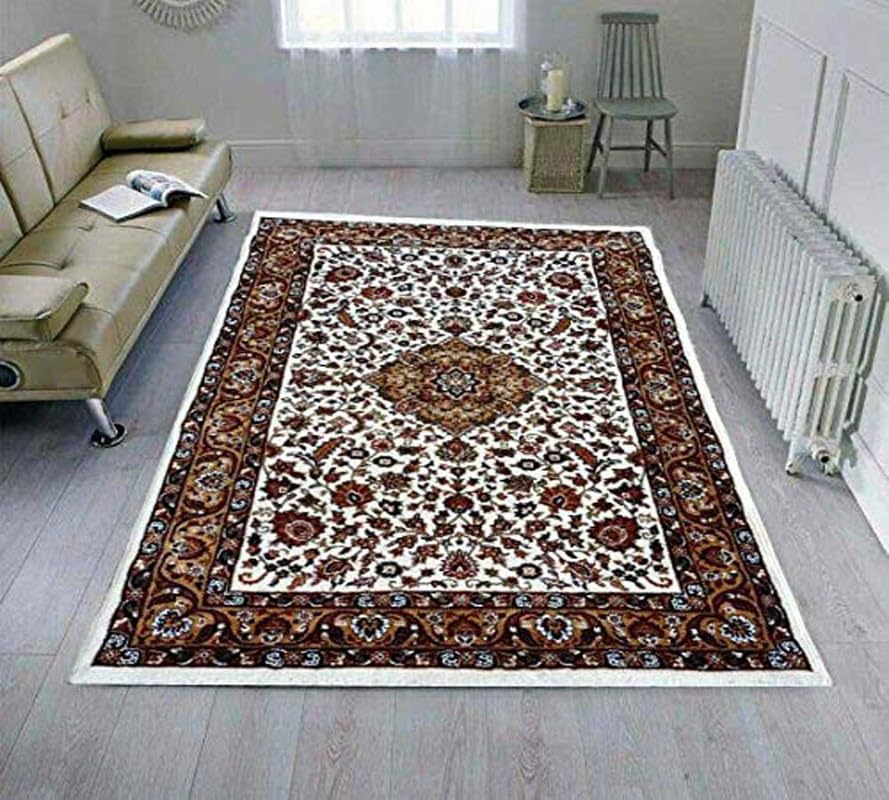 Image of Beautiful Home Decor 9x12 Feet Kashmiri Design Soft Thick Silk Carpet for Living Room (Ivory, 270 x 360 Cm)
