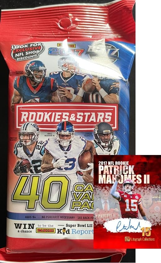 2017 ROOKIES and STARS Factory Sealed FOOTBALL Card FAT PACK w/40 Cards - CHANCE FOR Autograph PATRICK MAHOMES II ROOKIE CARD! - AND a Custom Patrick Mahomes Card-Sized Print