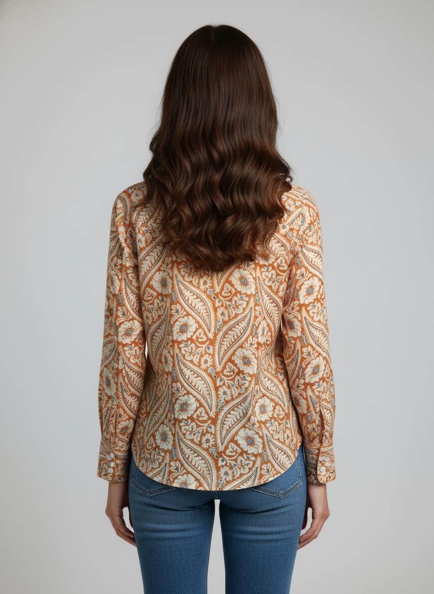 ANNI Designer Bedrucktes Damenhemd aus Baumwollmischgewebe, langärmelig, normale Passform, Hemdkragen, legere Bürokleidung, elegante Western-Kleidung für den Alltag, Hochzeit, Party