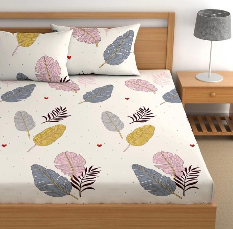 Geeta Homes Premium Cotton Feel Glace Cotton 210 Tc Elastic Fitted Bedsheets with 2 Pillow Covers Double Bed with Corner Elastic Floral Pattren |Size-72X68+ 6 Inches Homes 6361