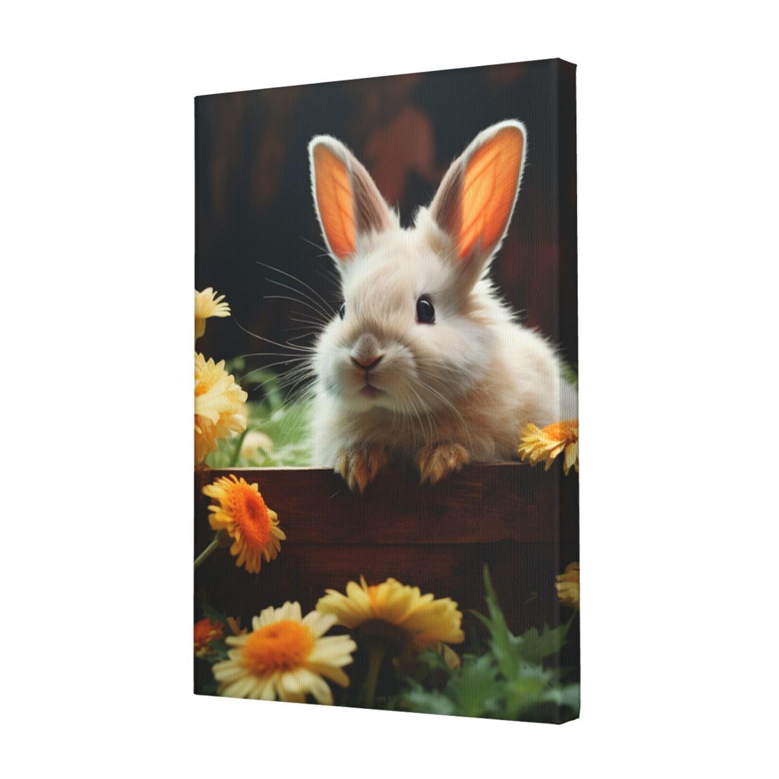 FodPand Rabbit and flower Canvas Wall Art for Living Room Wall Decor 12"x18" Modern Artwork Painting Pictures Hanging Canvas Prints Aesthetic Wall Art for Bedroom Bathroom Office Wallart Decor