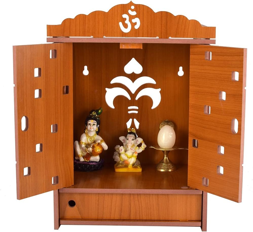 MIDU Pooja Mandir For Home Wall Hanging Mdf Wooden Temple With Door Brand (Orange,41 Cm)
