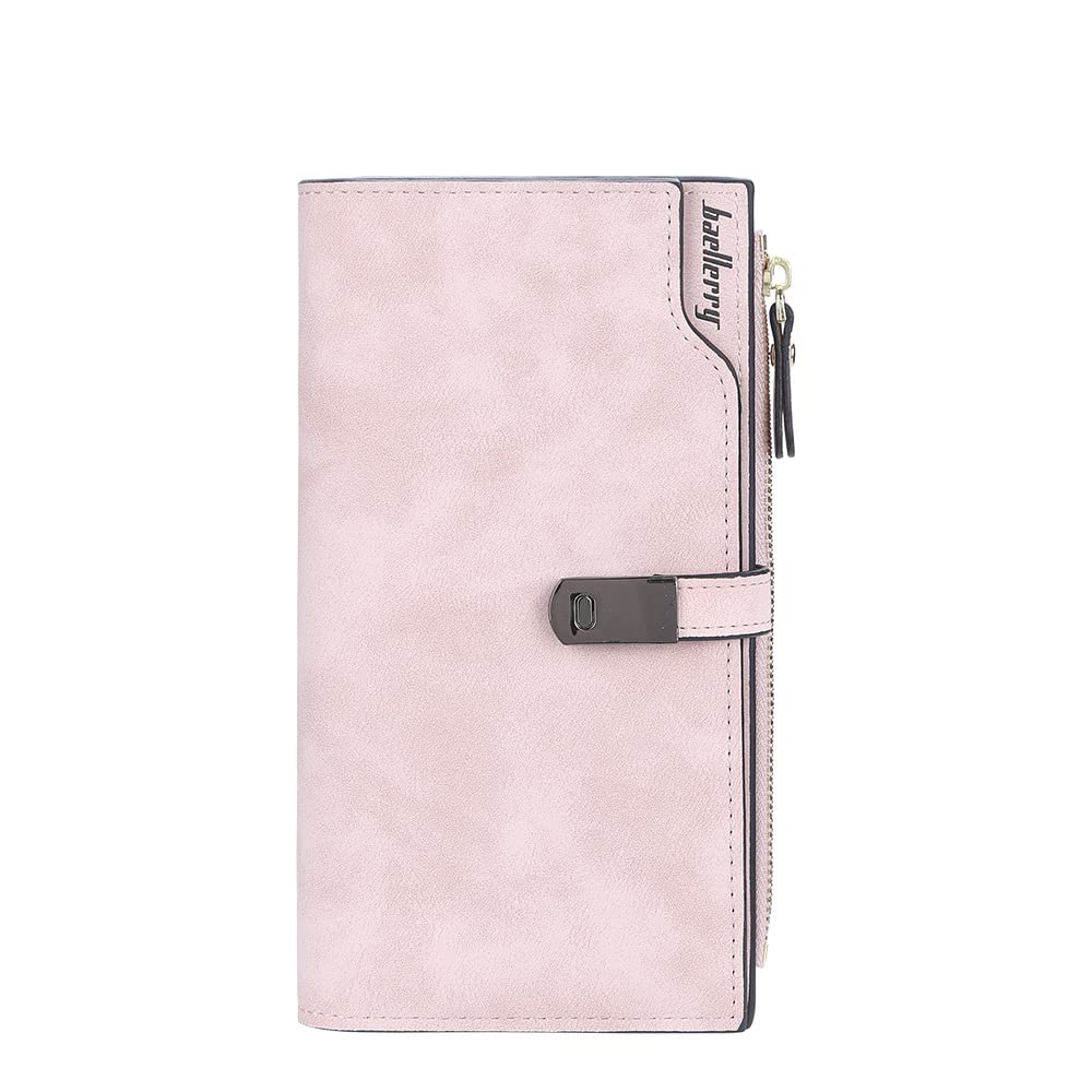 Adorinno Women's Faux Leather Wallet, 26 Card Slots, Zipper Pocket,3 Fold Large Capacity,Instant Magnetic Buckle,Handhold Long Purse For Men and Women(6.26x4.15x1.18inches) (Pink)