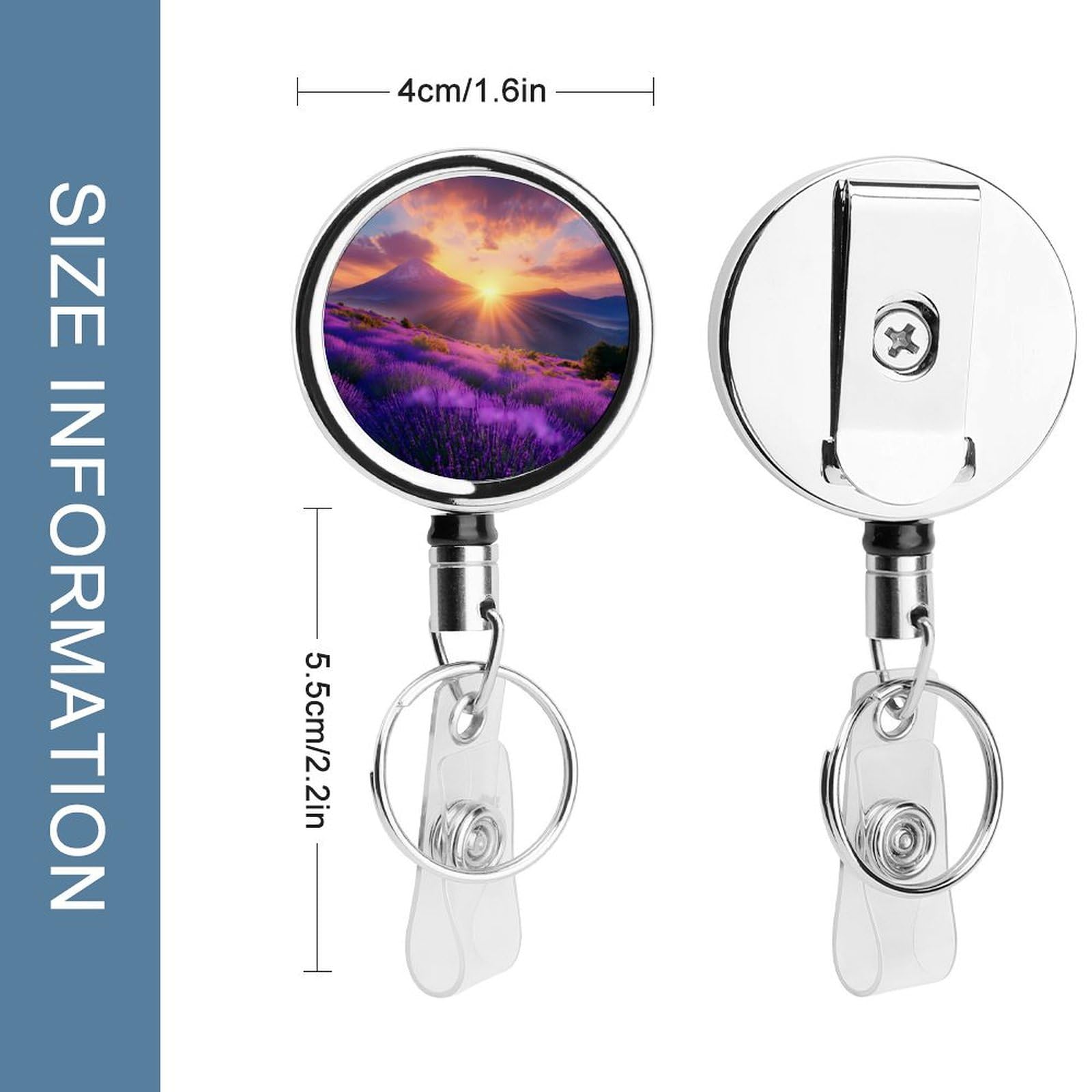 Lavender Flower Mountain Landscape Spring Retractable Badge Holder Metal ID Name Holder Key Ring with Belt Clip