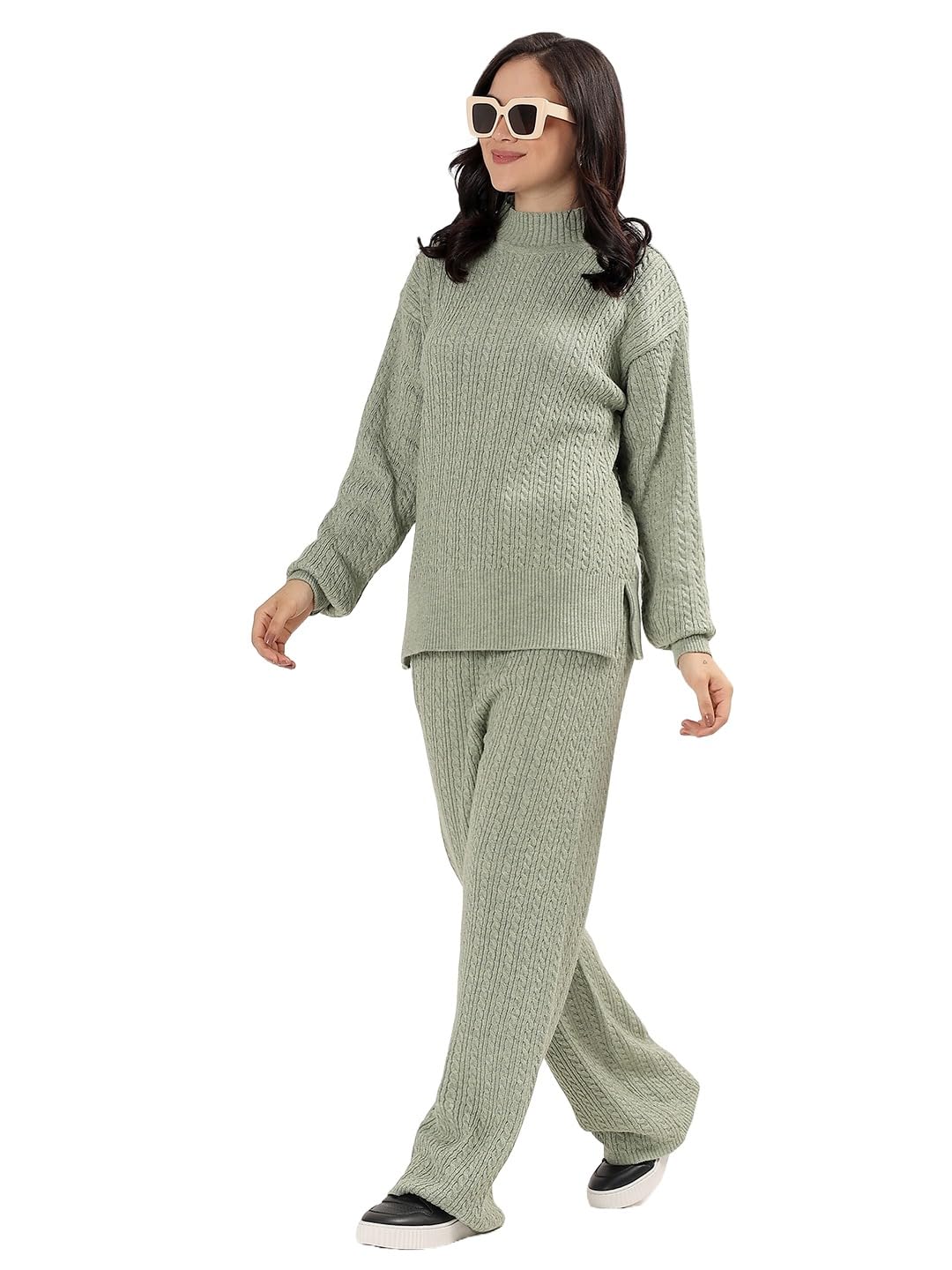 Kvetoo Women Winter Coord Set Cable Knit Wool Blend Sweater and Wide Leg Pants Two Piece Pajama Lounge Wear Travel and Casual Outfit