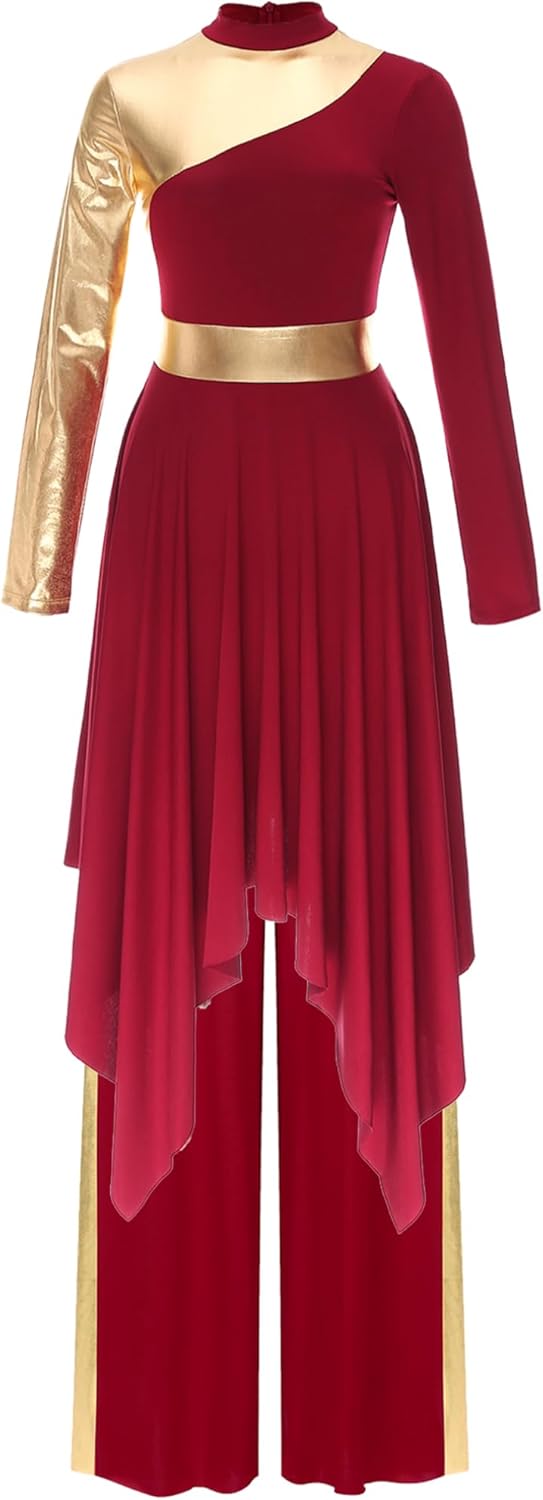 renvena Women Liturgical Praise Dance Outfit Long Sleeve Asymmetrical Hem Contrast Color Dress