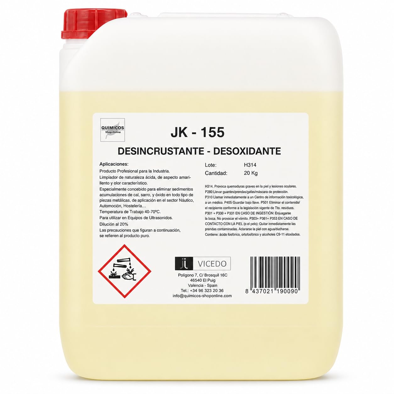 JK-155 Desoxidante y Desincrustante de Cal Concentrado 20 kg para Ultrasonidos e Inmersión, Elimina Óxido y Depósitos Calcáreos en Superficies Metálicas.