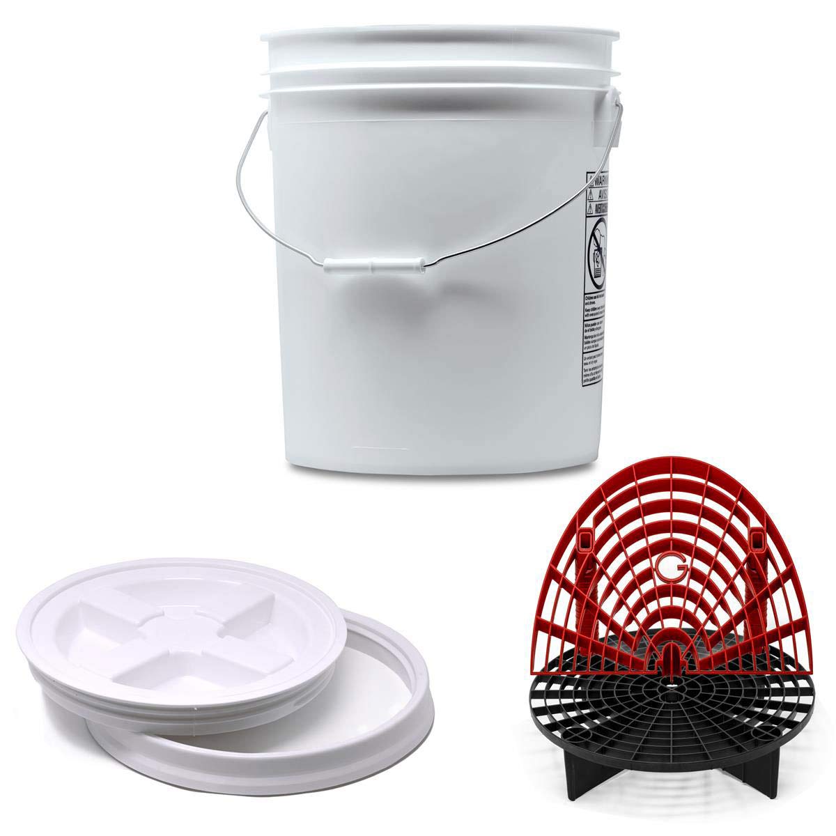 Detailmate professionelles Wasch Eimer Set: Magic Bucket Wascheimer 5 GAL (ca. 20 Liter), Gamma Seal Eimerdeckel weiß, GritGuard Schmutz Einsatz schwarz, GritGuard Washboard rot