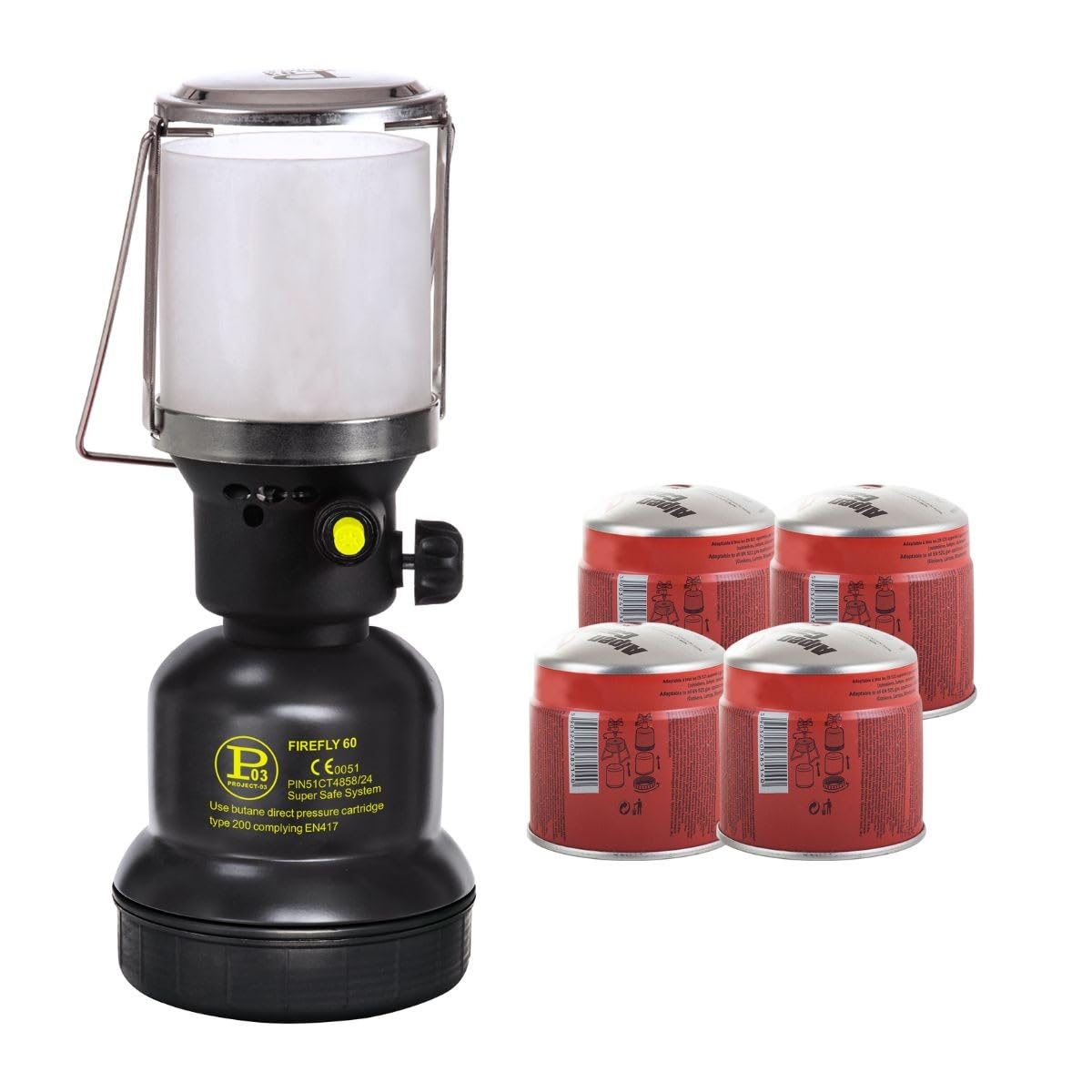 Intec - Lámpara de gas de 1100 W + 4 cartuchos de gas Butane 190 g – Encendido Piezo carcasa de metal – Lámpara de camping recargable al aire libre