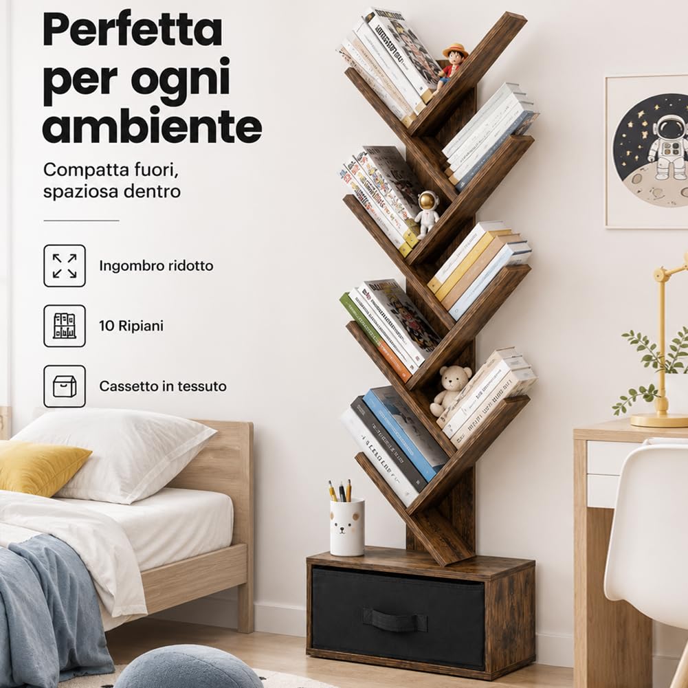 BAKAJI Libreria Scaffale 10 Ripiani Inclinati in Legno MDF con Cassetto in Tessuto, Scaffalatura con Design Moderno per Soggiorno, Salotto, Casa, Ufficio, Dimensione 149 x 38 x 20 cm