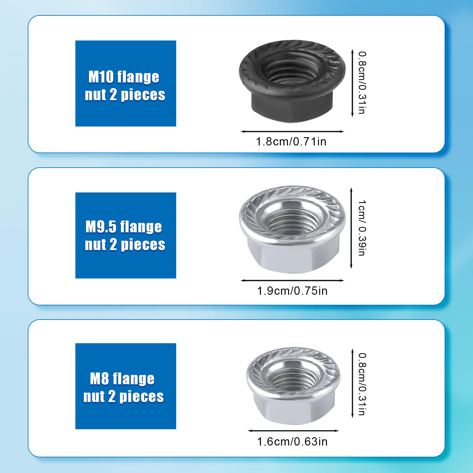 NQEUEPN 6pcs Bike Wheel Axle Nut, M8 M9.5 M10 Bicycle Hub Flanged Axle Nut for Mountain & Road Bikes (3 Sizes)