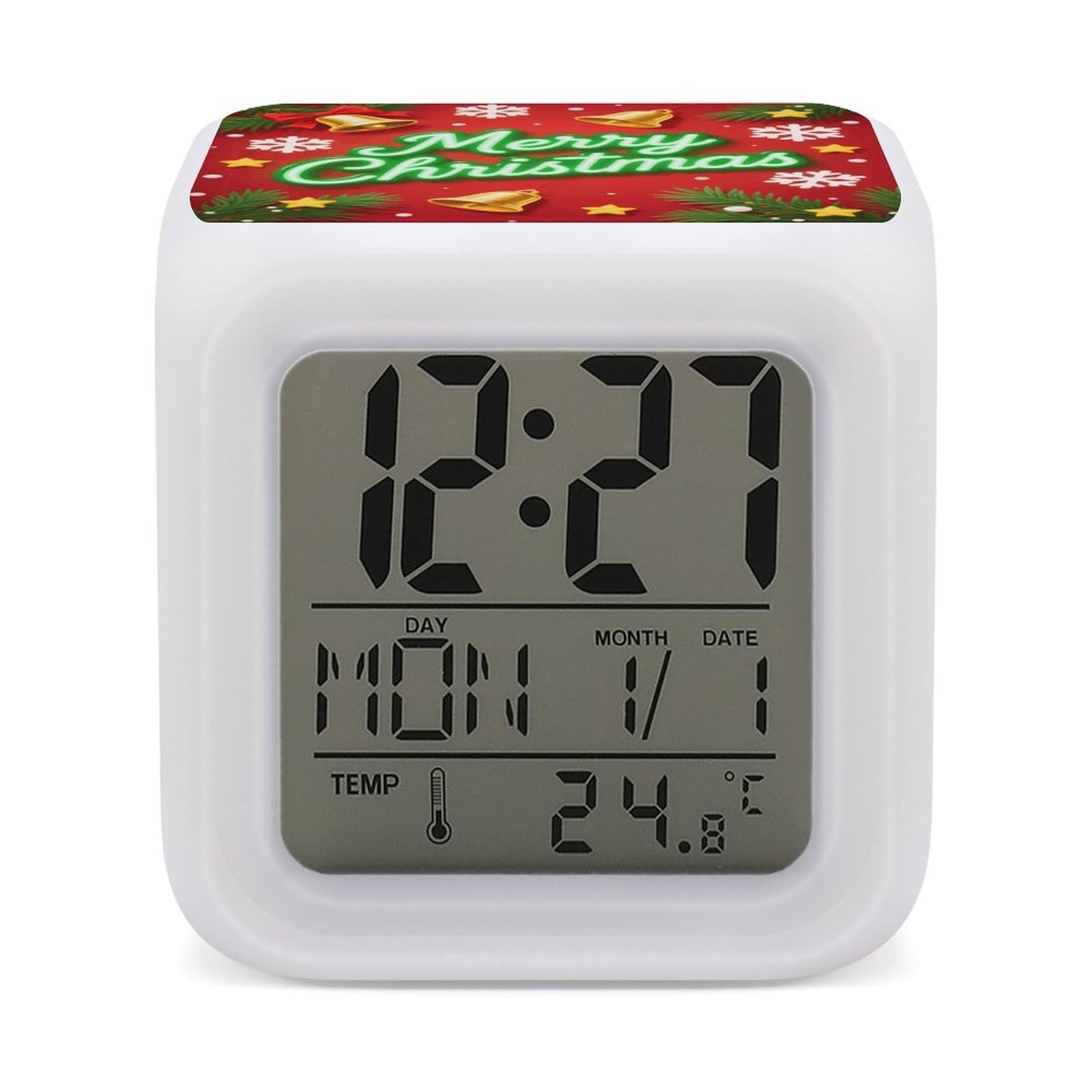 FodPand 7 Color Ambient Night Light Cube Battery Operated Merry Chrismas Digital Clock with Snooze Temperature LED Digital Alarm Clocks Dimmable Wake Up Light Portable Mood Lamp for Bedroom Desk Gift