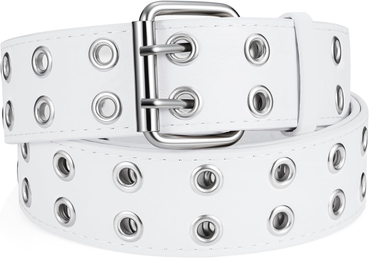 Women Double Grommet Studded Belts, Black Leather Belt for Women Men Punk belt