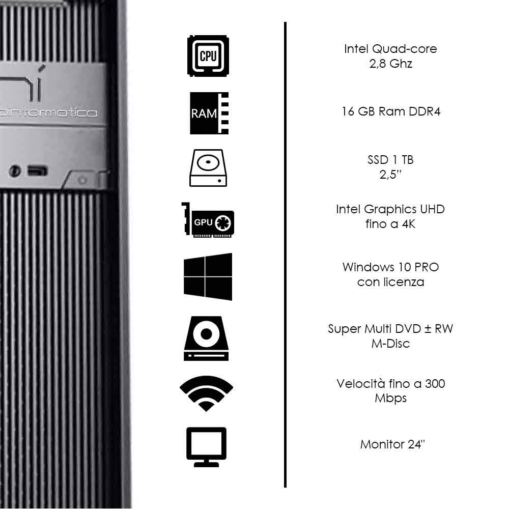 Computer fisso completo con altoparlanti, monitor, mouse, tastiera, quad-core 16gb ram ddr4 ssd 240gb windows 10 pro con licenza. Tappetino 900x400x4 in omaggio.