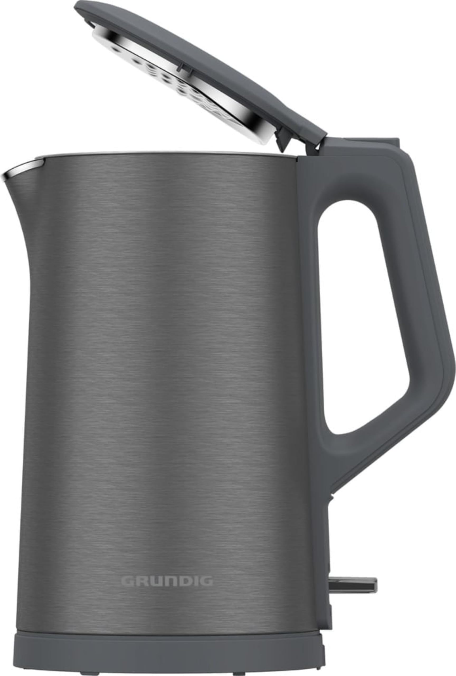 Grundig WK 7340 Wasserkocher, 2.150 W Leistung, 1,5 l Fassungsvermögen, Kabelaufwicklung, Abschaltautomatik, verdecktes Heizelement aus Edelstahl, Cool Touch mit Doppelwand, Dark Inox