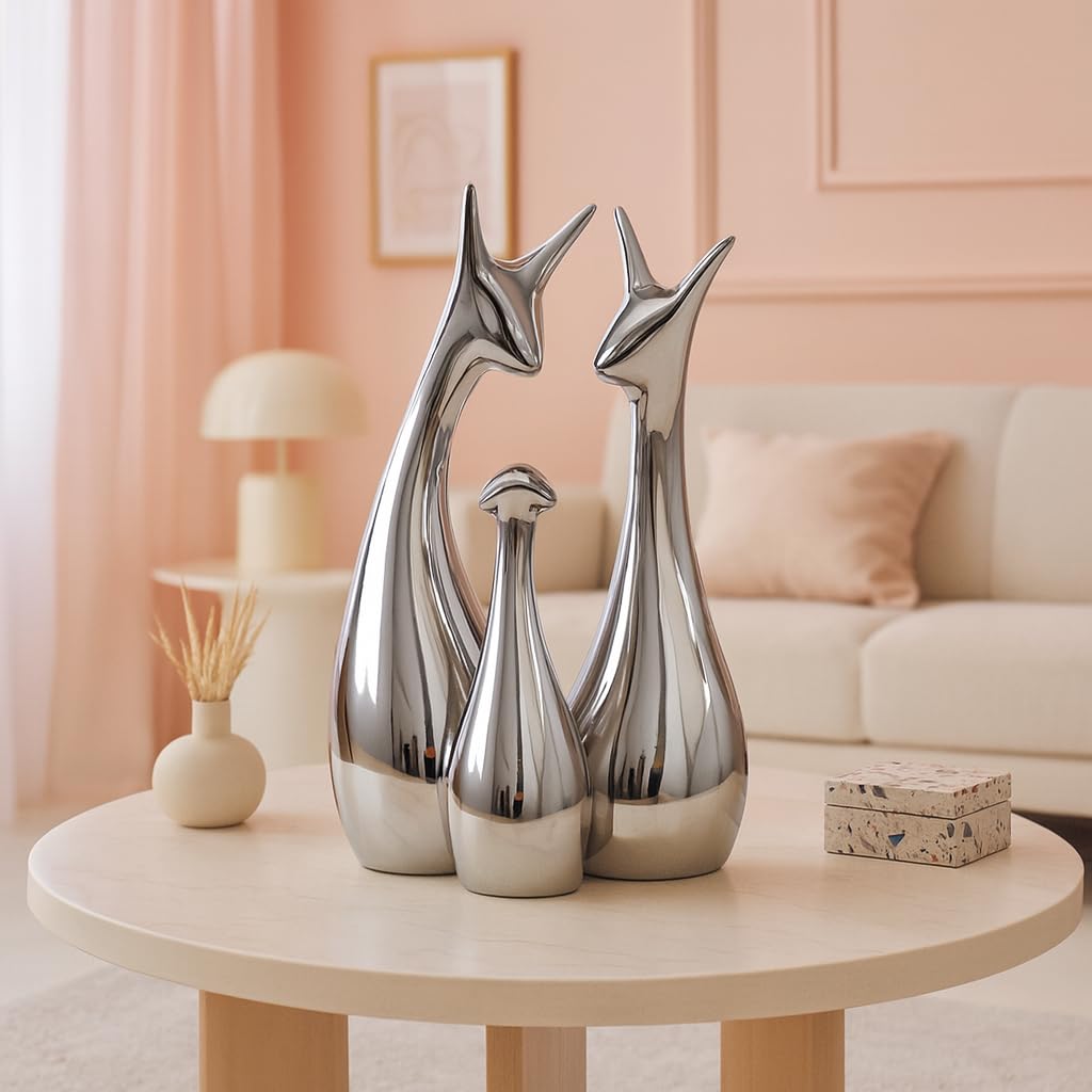 Xtore® Home Decor Lucky Silver Deer Statue Family Piano Finish Ceramic Figures – (Set of 3, Silver Set)