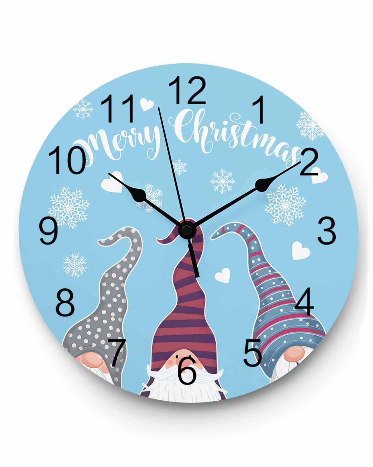 Ensound Christmas Wall Clock Santa Claus Gnomes Clocks Wooden Silent Non-Ticking Battery Operated Snowflake Love Heart Blue Round Clock for Home Living Room Kitchen Bedroom Office School 12 Inch