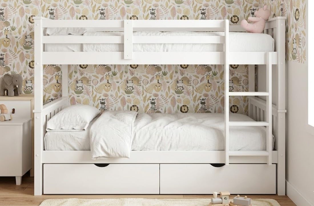 Genérico MUEBLESYA Litera Doble de Pino con Patas de 5,8x5,8 cm, 2 Camas 90x190 cm con Pack de 2 Cajones Inferiores, Estabilidad Reforzada y Escalera Reversible, Blanco Lacado (con CAJONES) | Madera de Pino