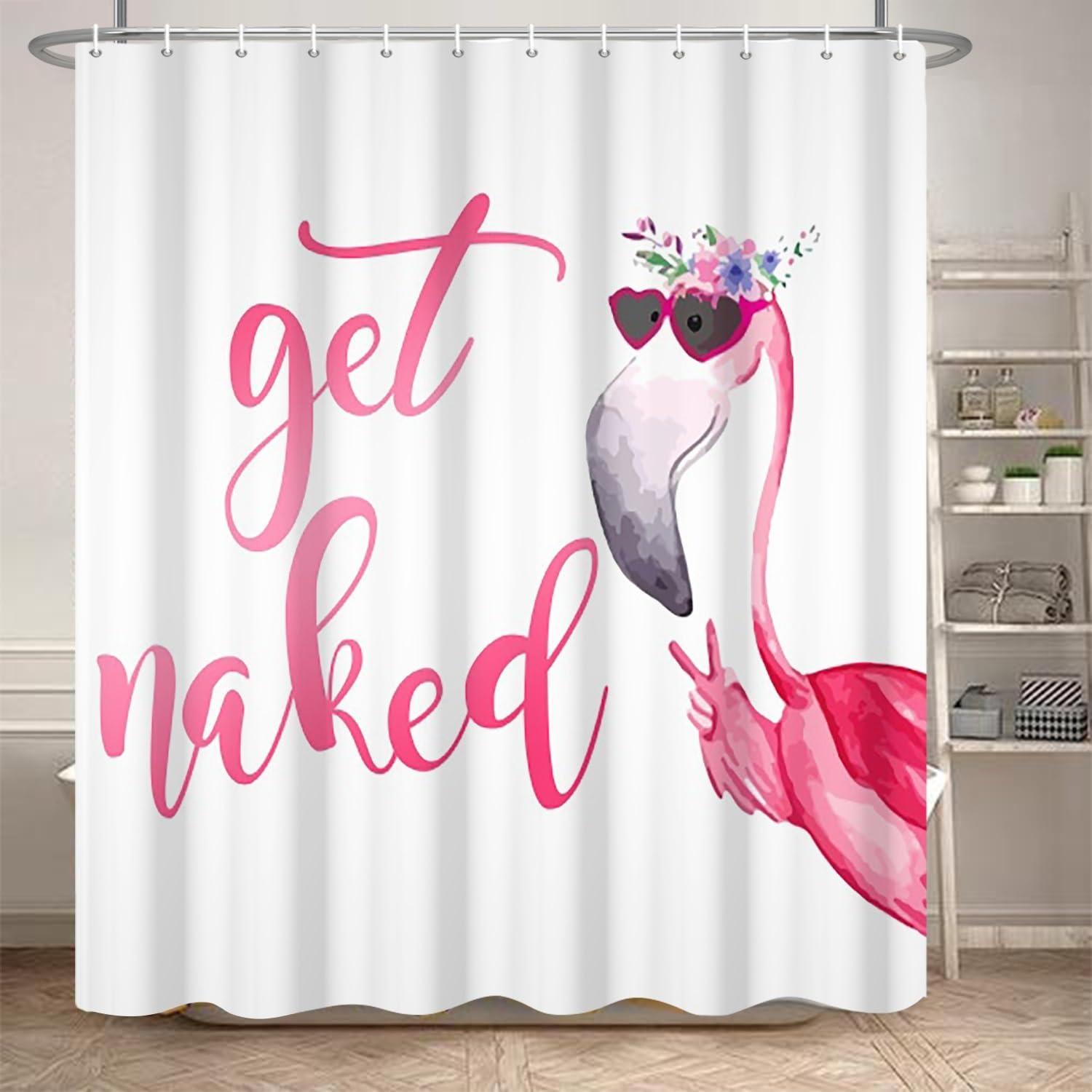 Get Naked Shower Curtain for Bathroom Funny Flamingo Pink Tropical Animals Shower Curtain Waterproof Polyester Fabric Modern Home Decor Bath Curtain with Hooks, 69x70 Inch