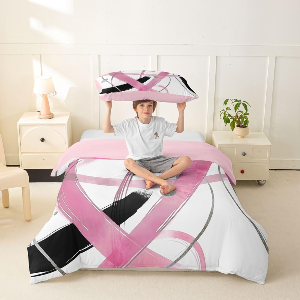 Erosebridal Modern Abstract Toddler Comforter Cover Pink and Black Abstract Bedding Set for Kids Teens Geometric Striped Duvet Cover Contemporary Watercolor Art Bedroom Decor, Zipper