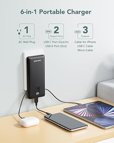 Miniatura 2 de Charmast Cargador portátil con cables integrados y enchufe de pared de CA, banco de energía delgado compacto de 10000 mAh, paquete de batería