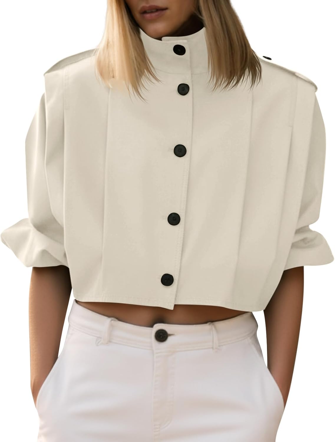 Cicy Bell Womens Cropped Trench Coats Pleated Button Down Short Jackets Fall Casual Lapel Loose Fit Outerwears