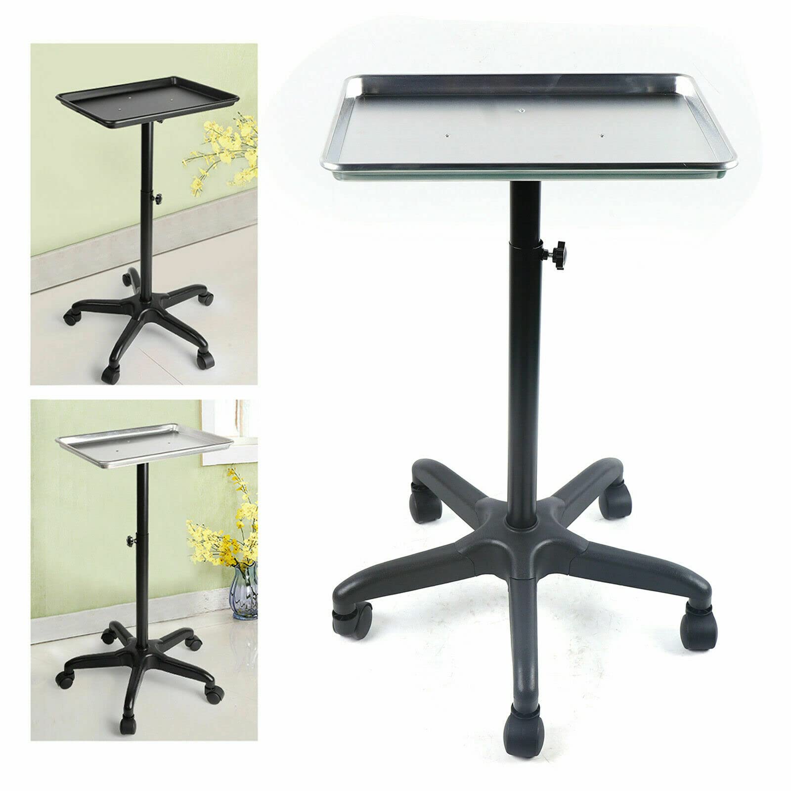 Carrito de trabajo de peluquería, carrito de belleza de metal, carrito de salón móvil, altura ajustable, para peluquería, salón de belleza, spa (negro)