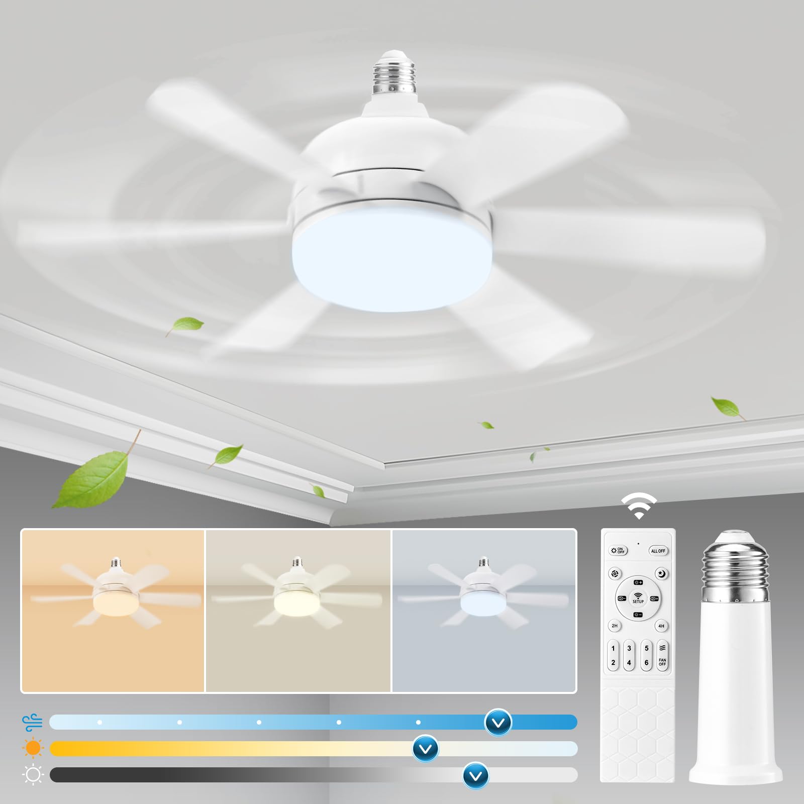 Ceiling Fans with Lights, 17.7 inch Socket Fan Light with Remote, E26 Base Screw in Small Ceiling Fan in Light Socket, 6 Speeds and 3 Color Dimmable Light Bulb Fan for Bedroom Garage Kitchen