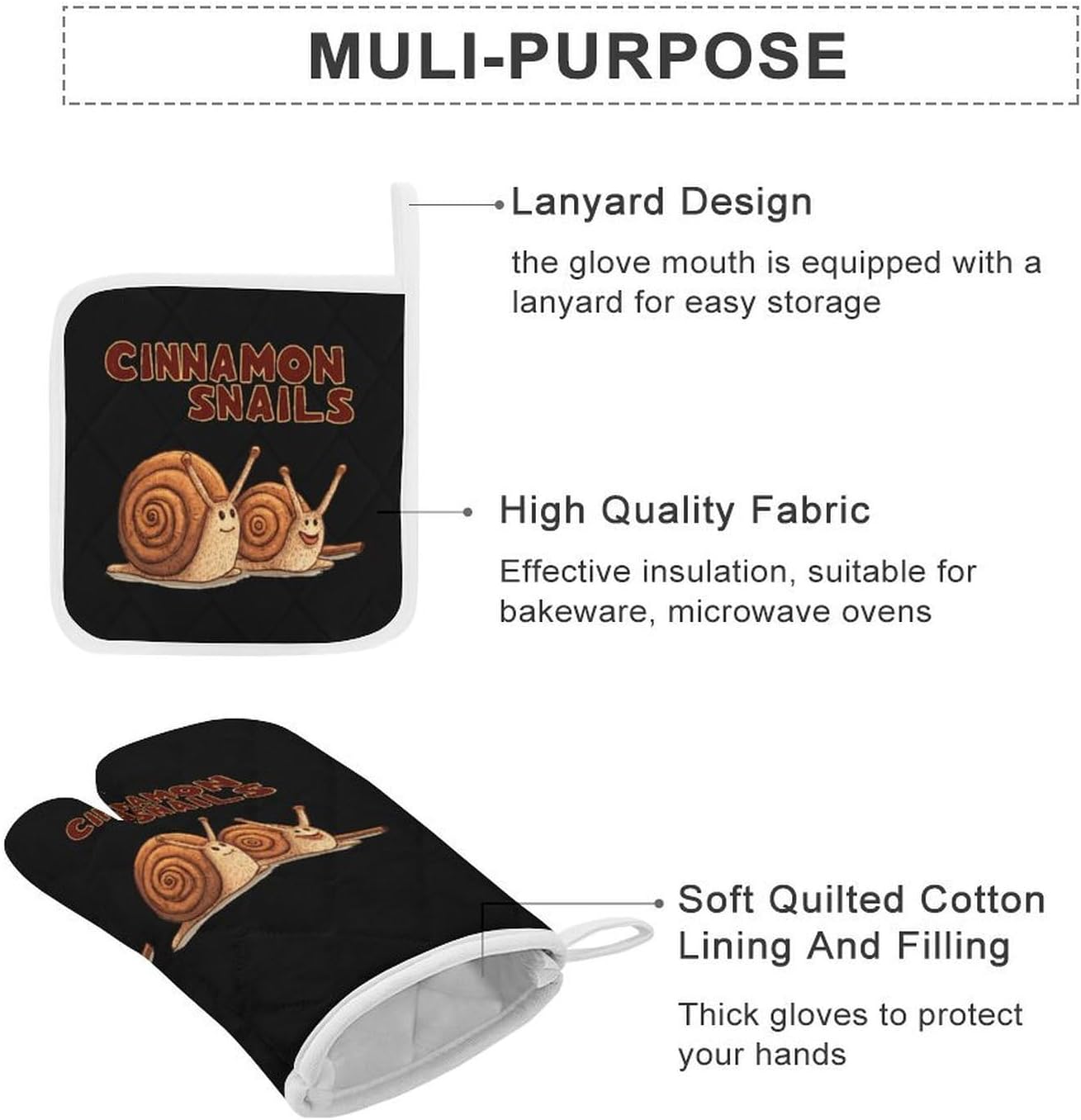 Cinnamon Snails Oven Mitts and Pot Holders 4Pcs Set Heat Resistant Cooking Mitts Hot Pads