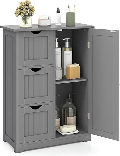 Miniatura 11 de Tangkula Armario de suelo de baño, armario de almacenamiento independiente con 3 cajones y una sola puerta, estante ajustable, almacenamiento de
