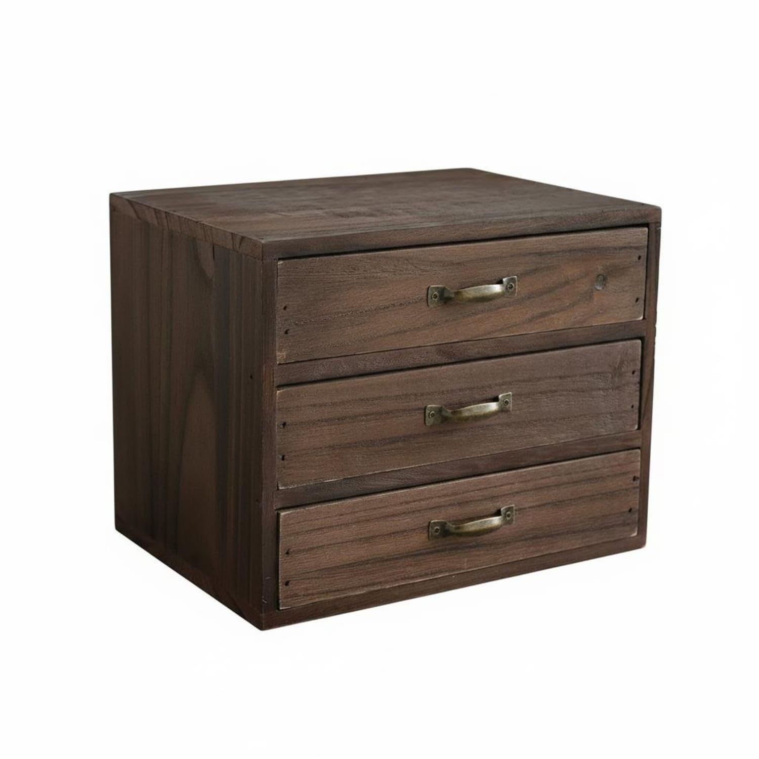 Dark Brown Wooden Desktop Organizer with Drawers Brass Handles Vintage Wooden Drawer Box Compact Tabletop Storage Box Rustic, Paulownia 3-layer-image-35