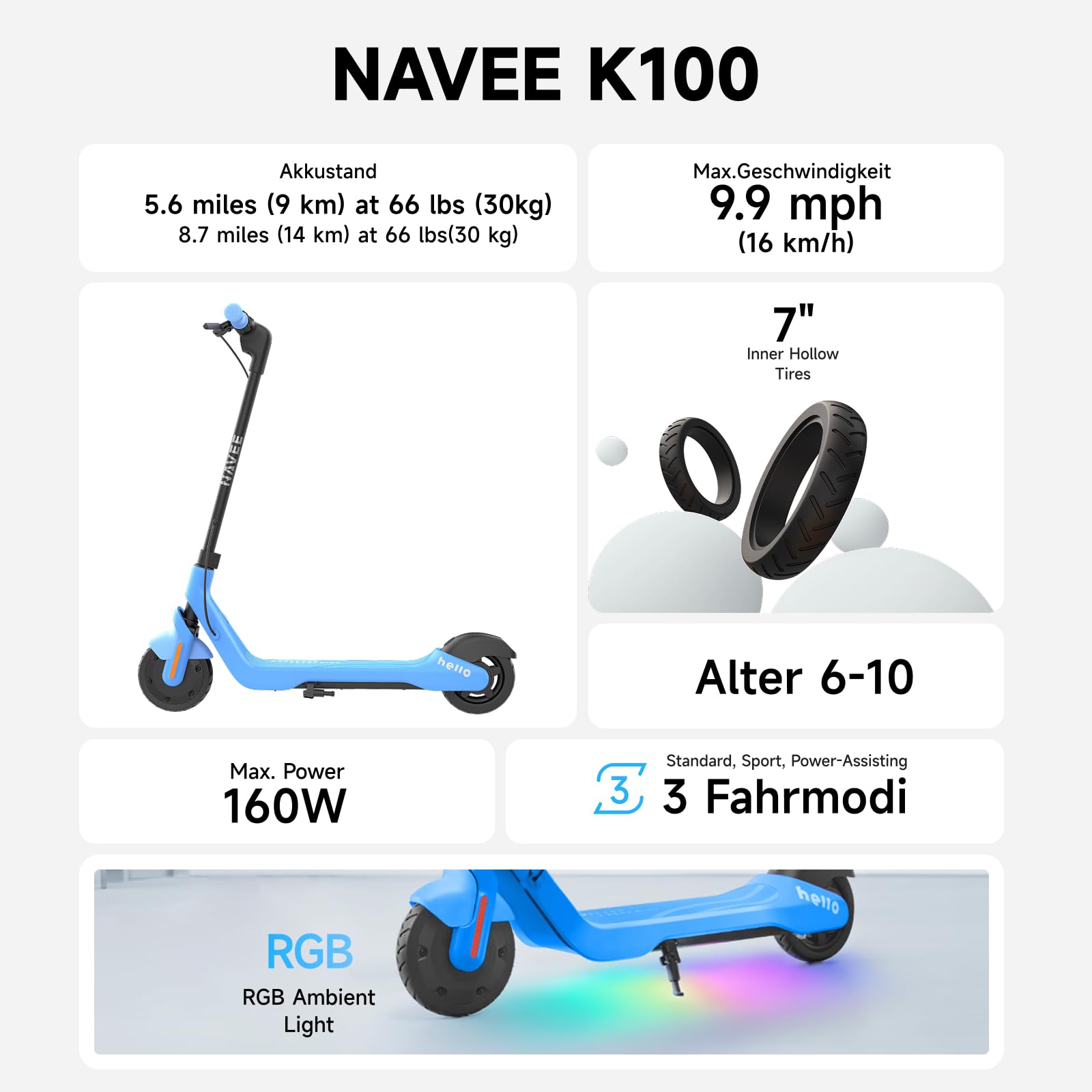 NAVEE K100 K100 Max E-Scooter Kinder ab 6 Jahre - 16 km Reichweite, 16 km/h, 50 kg Belastbar, IPX4 Wasserdicht, Bluetooth-Lautsprecher, RGB-Ambientelicht, faltbar & App-Geschwindigkeitskontrolle