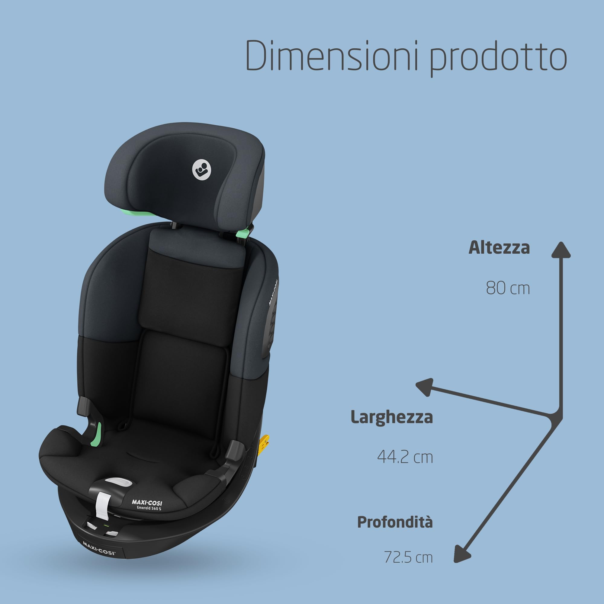 Maxi-Cosi Emerald 360 S i-Size, Seggiolino auto girevole 360, 0-12 anni (40-150 cm), Seggiolino auto neonato, 4 posizioni reclinate, Protezione dagli impatti laterali G-CELL, Tonal Black