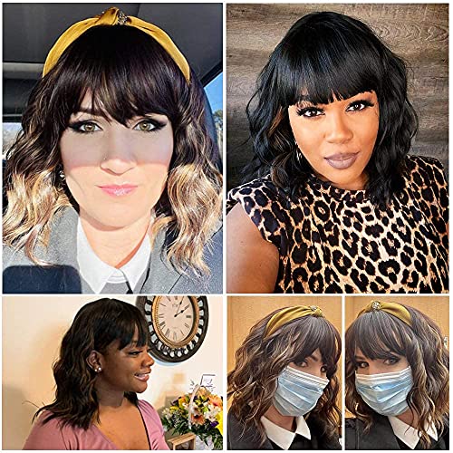 Ucubb Black Mixed Brown Wig For Black Women 14 Inch Short Wavy Hair Wigs Curly Bob Wig With Bangs Wigs Shoulder Length Wigs For Black Women Bob Style Synthetic Heat Resistant Bob Wigs #TOP2