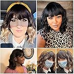 Black Mixed Brown Wig for Black Women 14 Inch Short Wavy Hair Wigs Curly Bob Wig with Bangs Wigs Shoulder Length Wigs for Black Women Bob Style Synthetic Heat Resistant Bob Wigs - Image 3