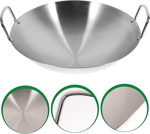 Miniatura 6 de STOBAZA Wok de acero inoxidable con parte inferior plana, sartén japonesa para saltear wok con tapa, sartén de acero inoxidable, sartén para pow