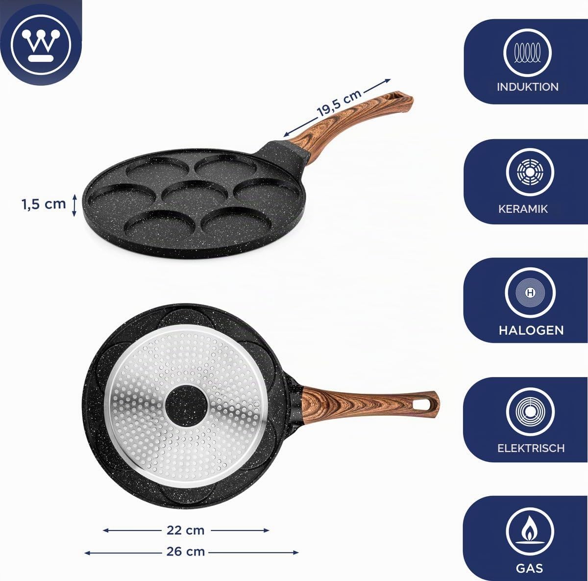 Westinghouse Pancake Pfanne Induktion - 26cm Spiegeleipfanne Augenpfanne Eierpfanne - PFOA Frei - Für alle Herdarten - Hitzebeständiger Griff - Schwarze Marmor Sonderedition