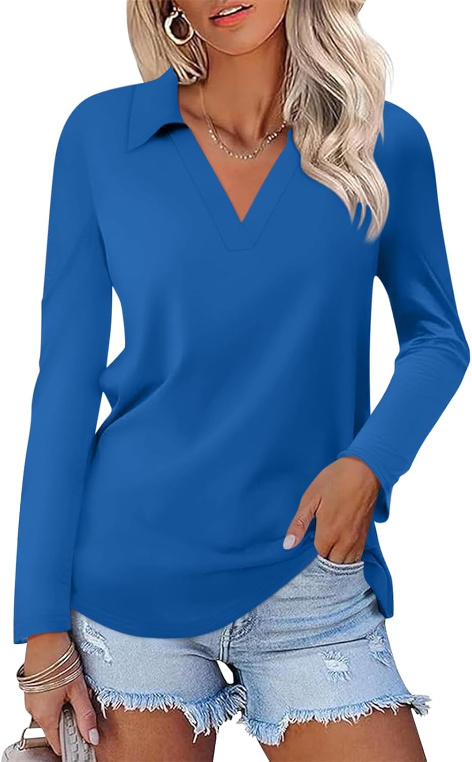 Women's Long Sleeve Shirts V Neck Tunic Tops Dressy Casual Basic Tees Blouse Loose Collar Polos